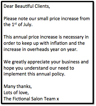 Example price increase letter to nail salon clients