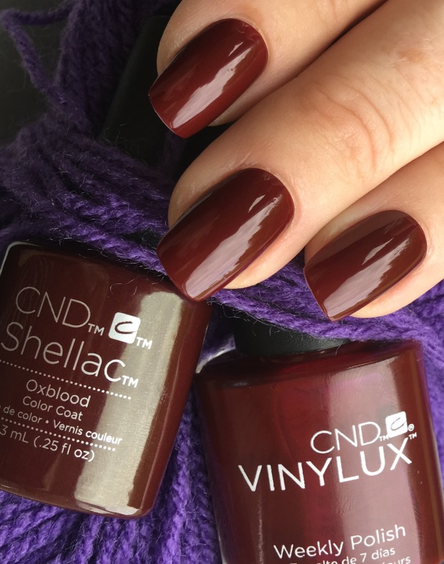 Oxblood CND Craft Culture Colour against purple yarn by Fee Wallace