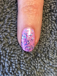 Shellac Beckoning Begonia with Creative Play Glitter Polish on top.