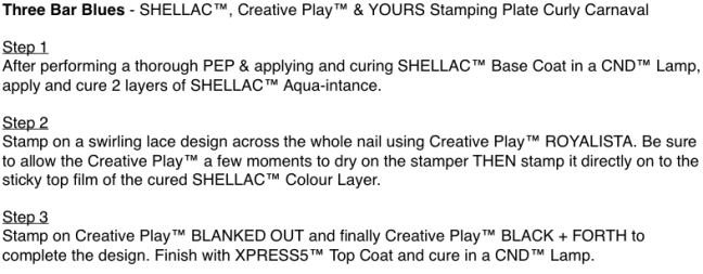 Text step by step for Three Bar Blues nail art design by Fee Wallace