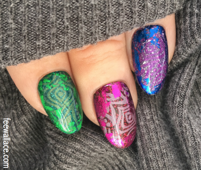 shellac decorated with creative play stamping nail art and lecente foil by fee wallace