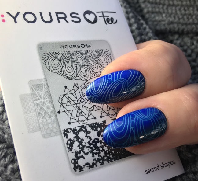 yours loves fee stamping plate sacred shapes with shellac blue eyeshadow from the CND new wave collection