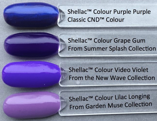 colour comparison of shellac video violet from the CND new wave collection, compared to other Shellac colours in the range, pictured by fee wallace