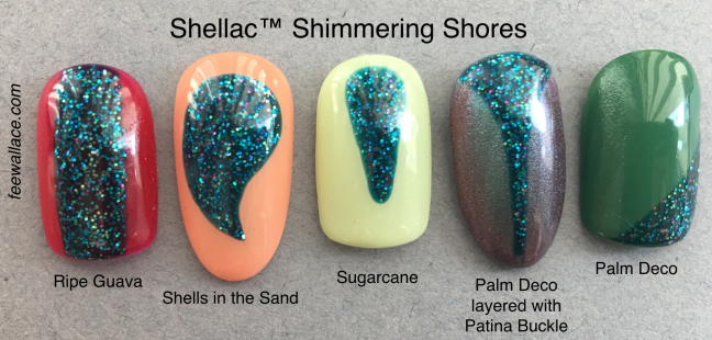shellac colour shimmering shores with other shellac colors as nail art by fee wallace