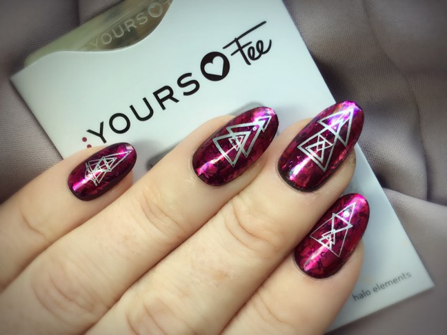 yours loves fee halo elements stamping plate nail art over shellac and lecente foil sandwich