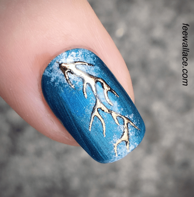 Gold Lecenté foil nail art with sponging and hand painting over Shellac Viridian Veil by Fee Wallace