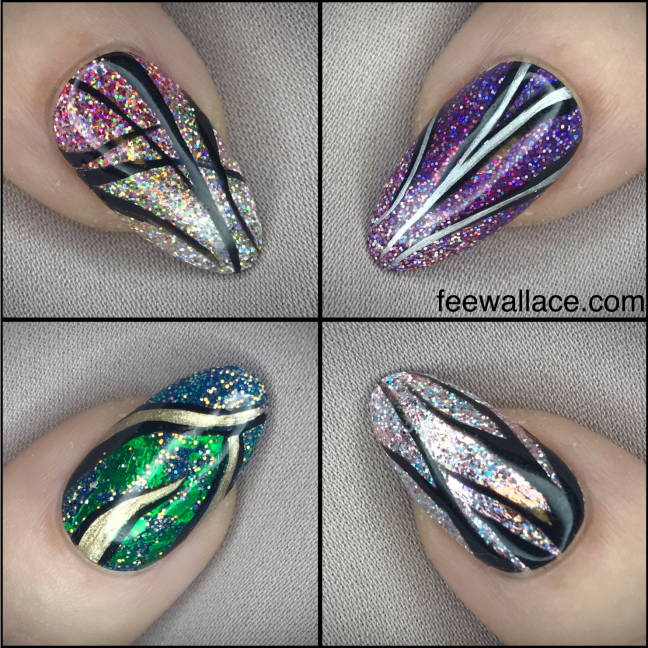 fee wallace nail art lecente super holographic glitter with hand painted nail art over CND Shellac