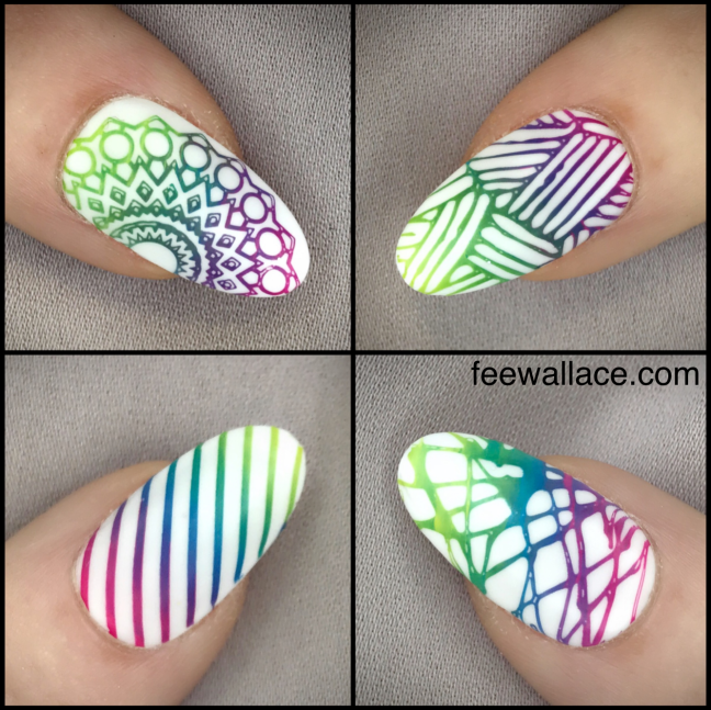 cnd shellac and creative play stamping nail art rainbow ombre fade by fee wallace