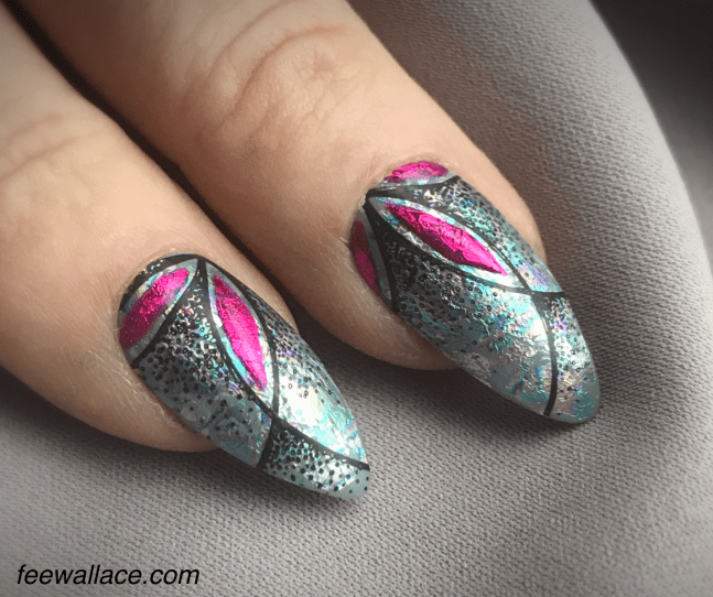 oil slick lecente foil over shellac with yours stamping and gloss embelishments by fee wallace