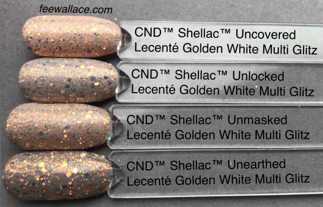 cnd shellac nude collection with lecente glitter golden white multi glitz by fee wallace