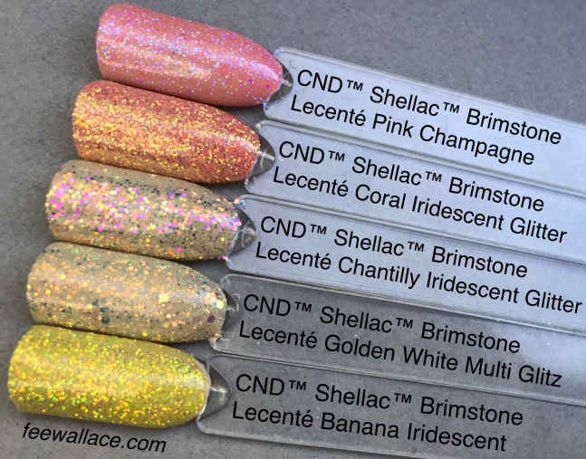 CND Shellac Brimstone color with lecente glitter by fee wallace