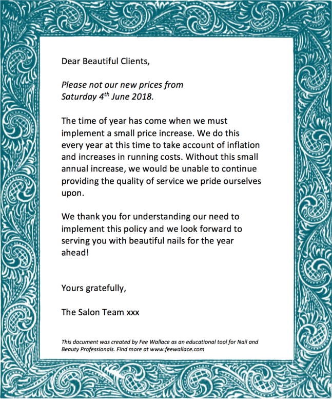 Example letter explaining price increse to nail and beauty salon clients by fee wallace