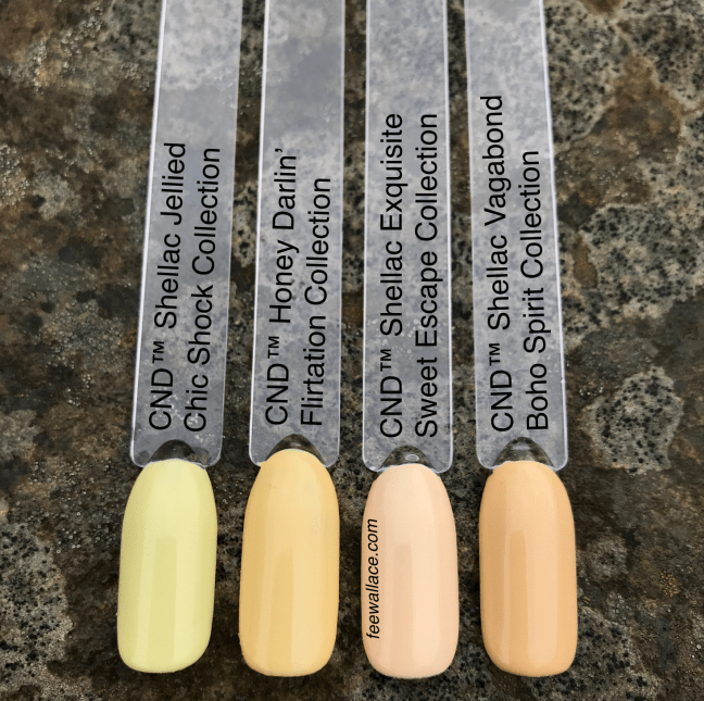 swatch comparison of cnd shellac exquisite with jellied, honey darlin' and vagabond by fee wallace