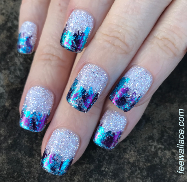 light elegance glitter gel diamond on square nails with lecente foil by fee wallace