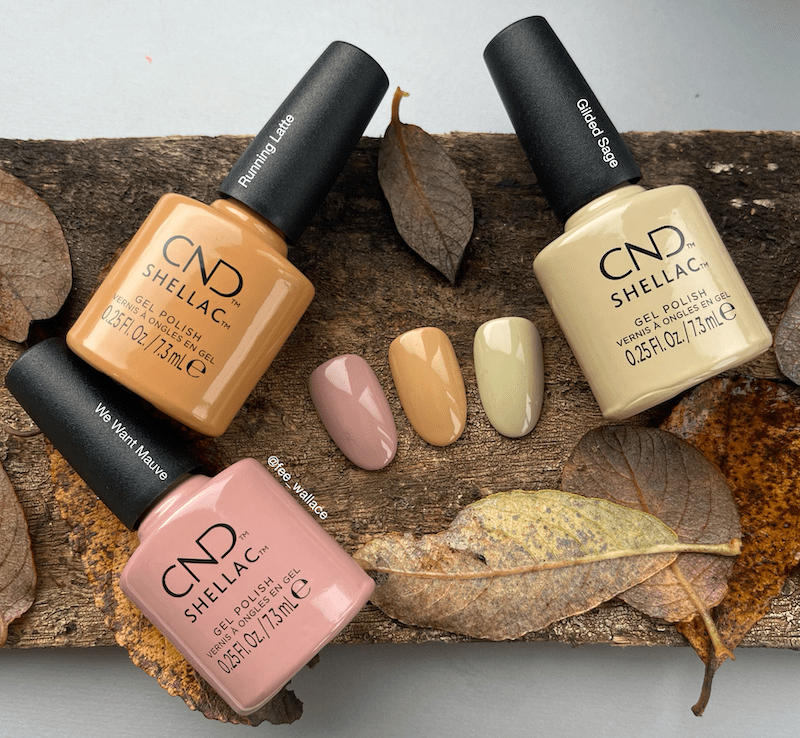 CND Shellac Gilded Sage, Running Latte, We Want Mauve, COLORWORLD Collection, fall autumn picture by Fee Wallace