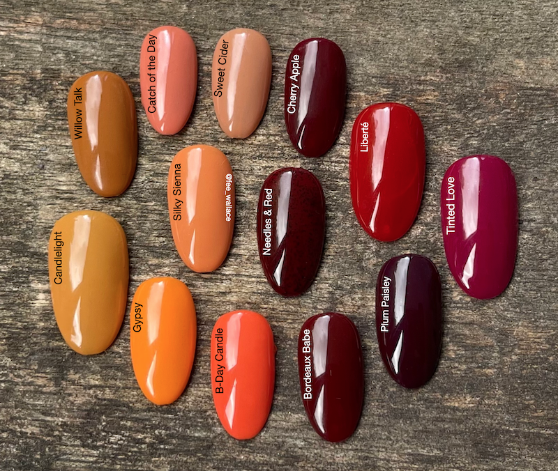 CND Shellac color comparisons by Fee Wallace. Oranges and reds