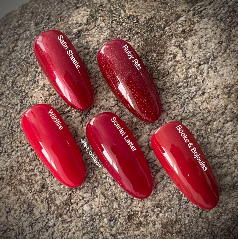 CND Shellac reds Scarlet Letter swatch comparison by fee wallace